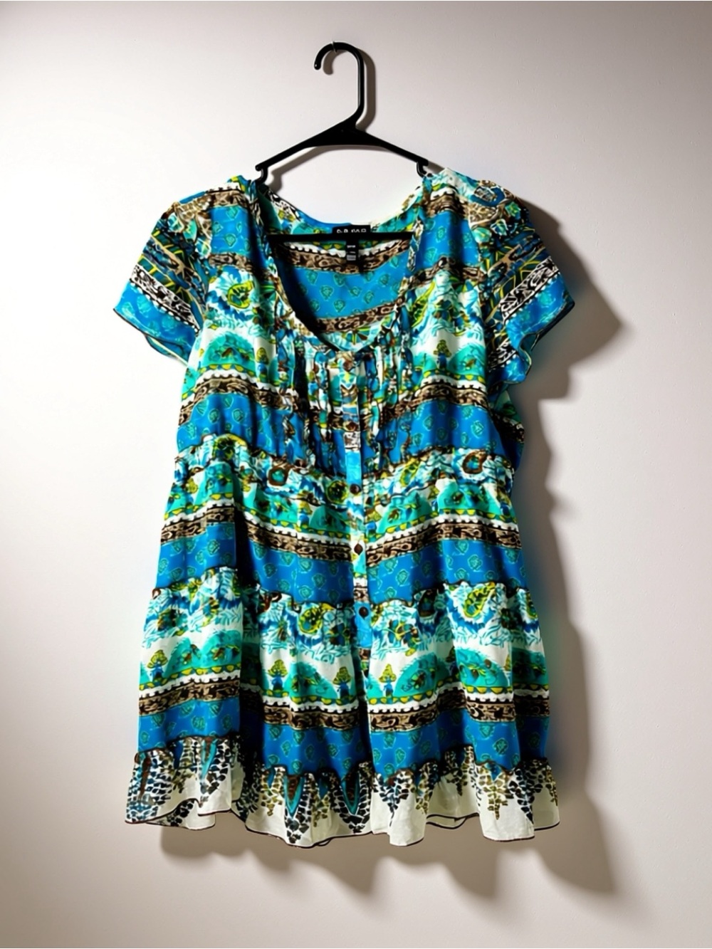 Fang Brand - Women’s Blue Patterned Short-Sleeve Boho Top - XL/EG